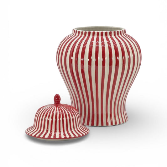 Red & White Striped Ceramic Jar