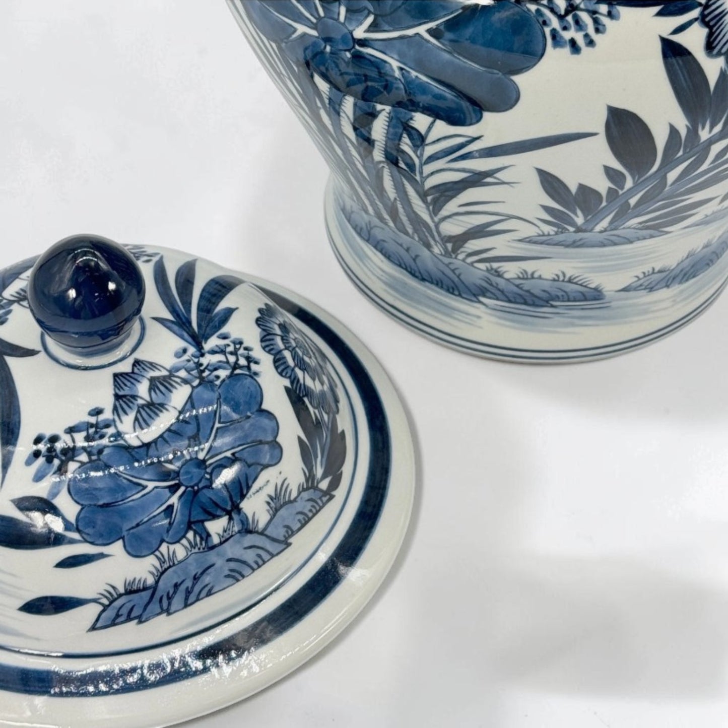 Blue & White Bamboo Floral Wide Ceramic Ginger Jar