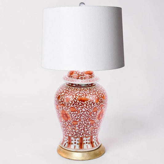 Coral Red Twisted Lotus Lamp - Gold Leaf Base