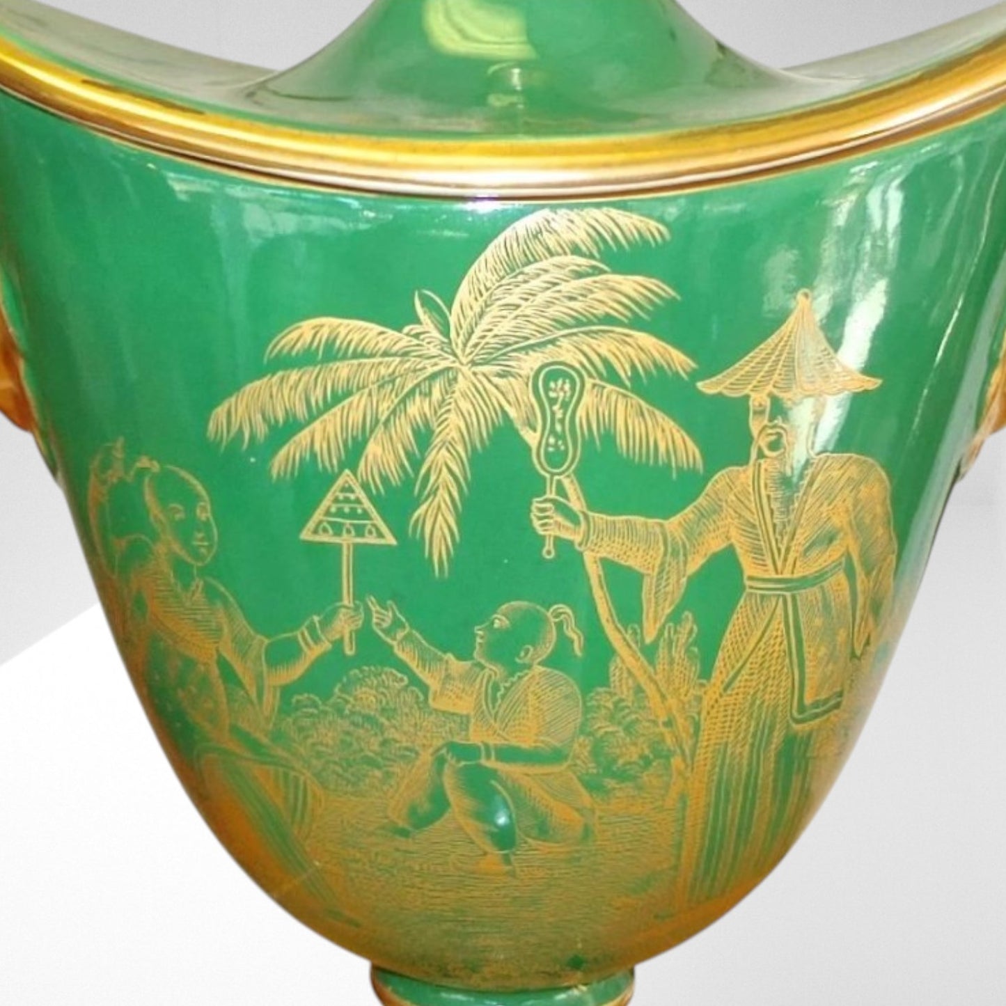 Italian Gold on Green Lidded Cachepot
