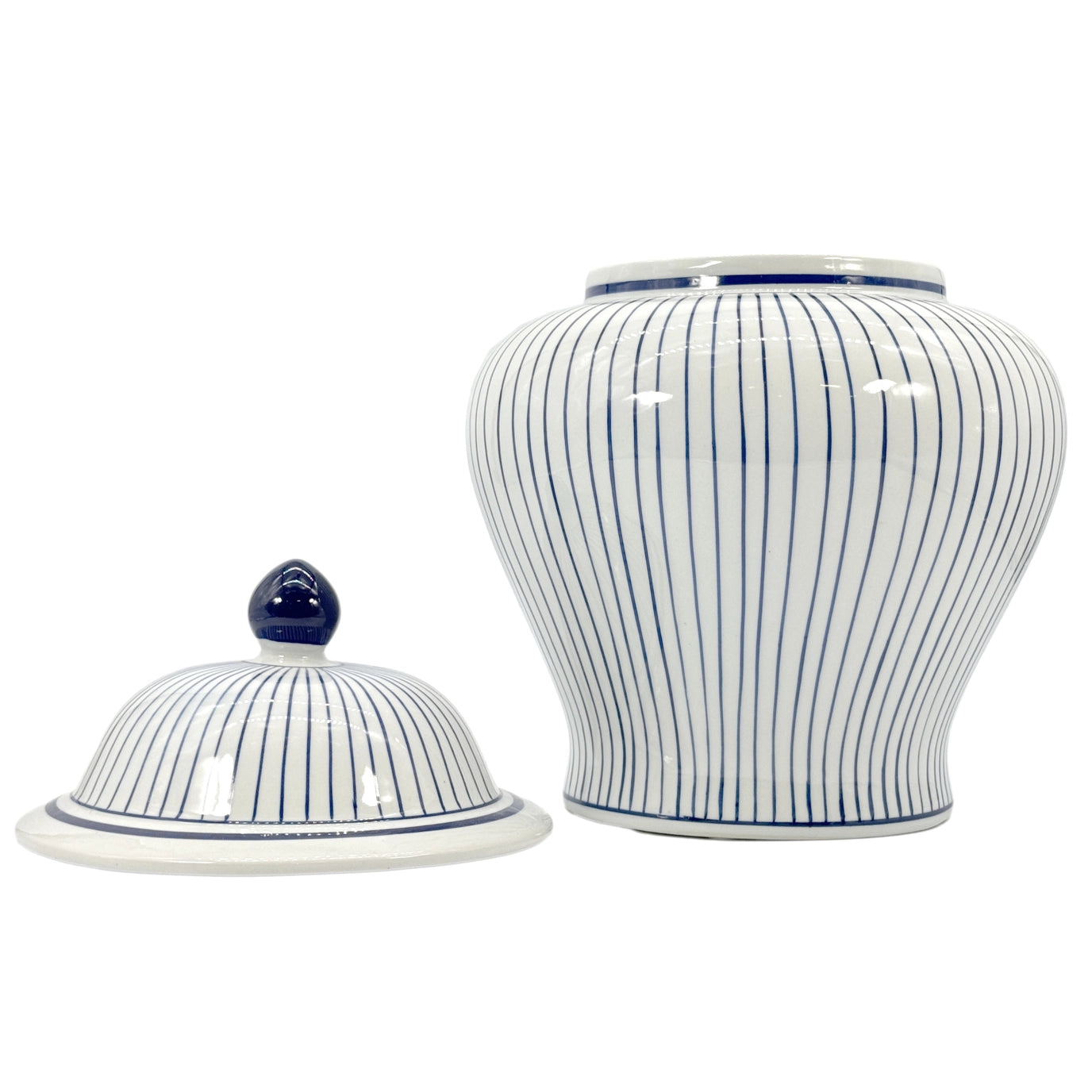Blue & White Striped Wide Ceramic Jar
