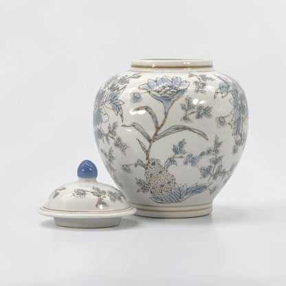 White & Blue Ceramic Chinoiserie Floral Jar - 10"