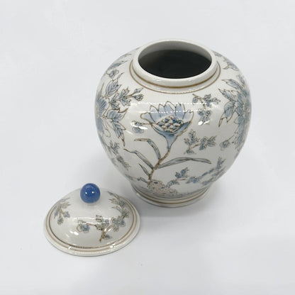 White & Blue Ceramic Chinoiserie Floral Jar - 10"
