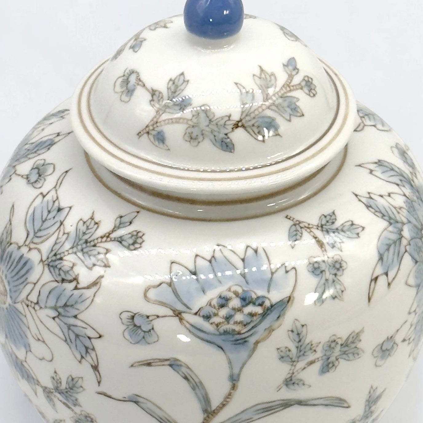 White & Blue Ceramic Chinoiserie Floral Jar - 10"