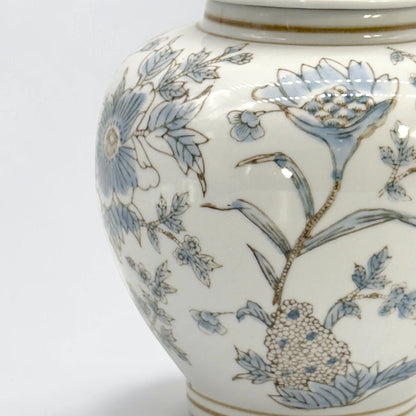 White & Blue Ceramic Chinoiserie Floral Jar - 10"