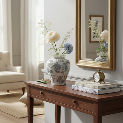 White & Blue Floral Chinoiserie Ceramic Vase