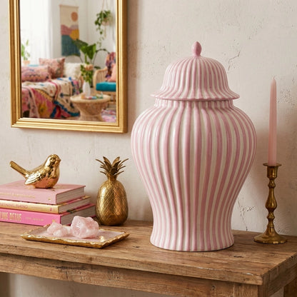 Pink & White Striped Ceramic Jar