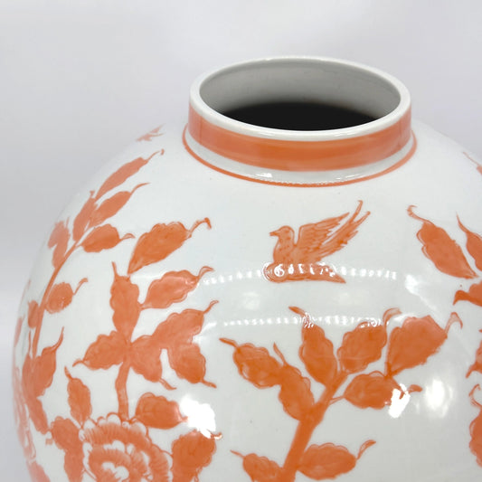 Orange Floral Chinoiserie Ceramic Globe Jar