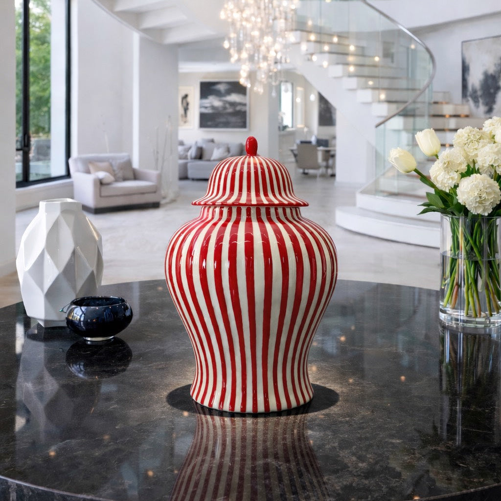 Red & White Striped Ceramic Jar