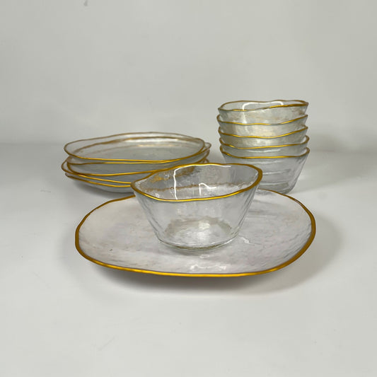 Gold Trim Hammered Small Glass Plates & Bowls (Set of 12)