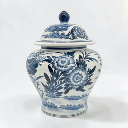Blue & White Bamboo Floral Wide Ceramic Ginger Jar