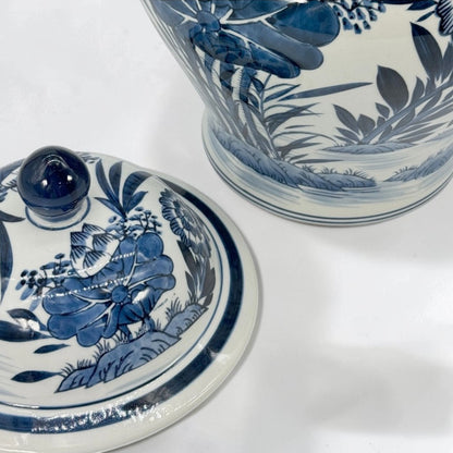 Blue & White Bamboo Floral Wide Ceramic Ginger Jar