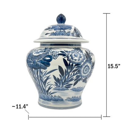 Blue & White Bamboo Floral Wide Ceramic Ginger Jar