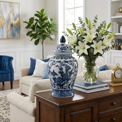 18" Blue Ceramic Flower Temple Jar