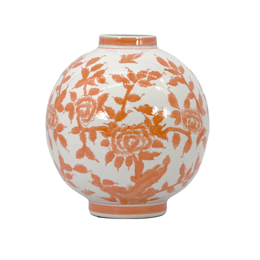 Orange Floral Chinoiserie Ceramic Globe Jar