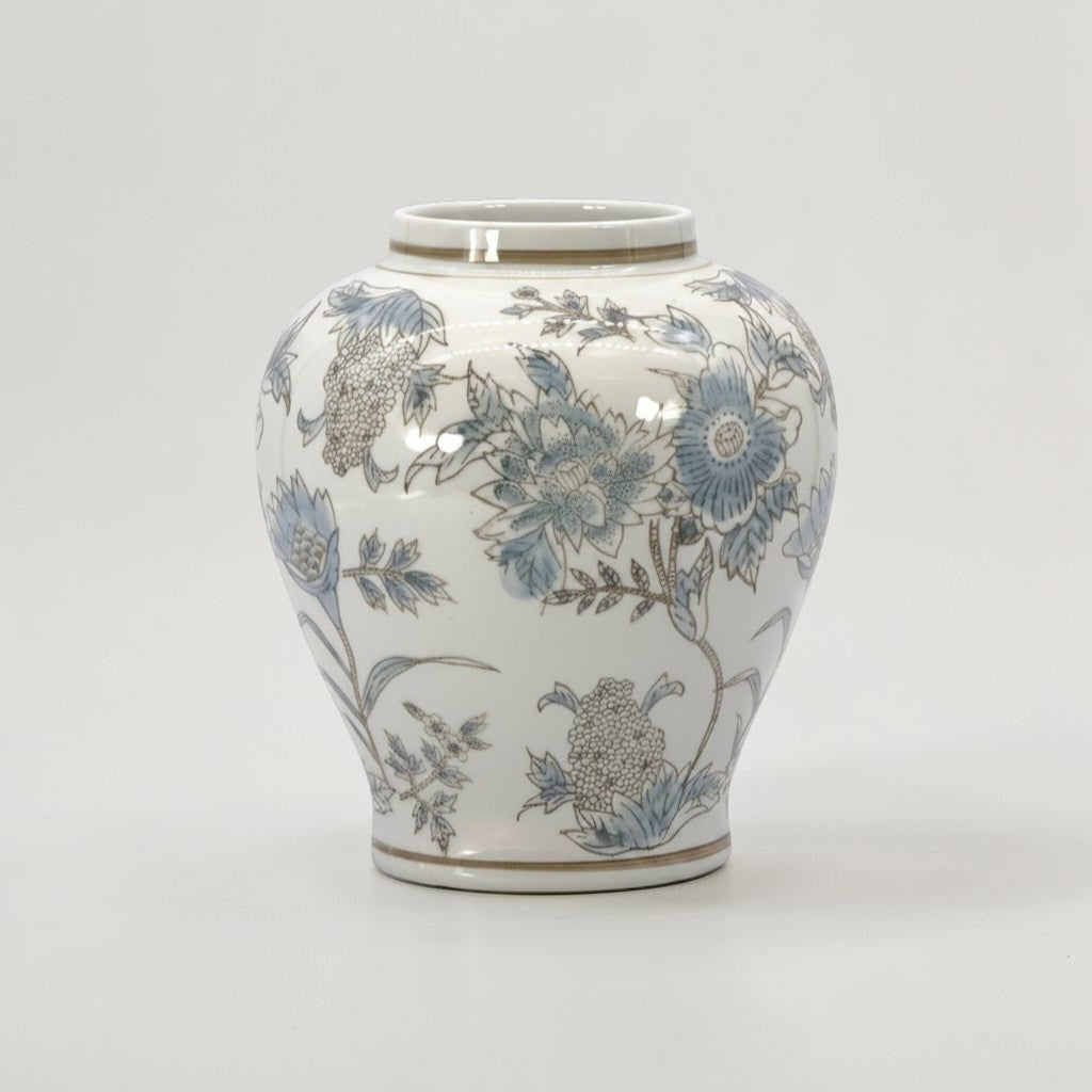 White & Blue Floral Chinoiserie Ceramic Vase