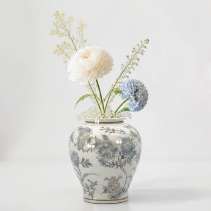 White & Blue Floral Chinoiserie Ceramic Vase