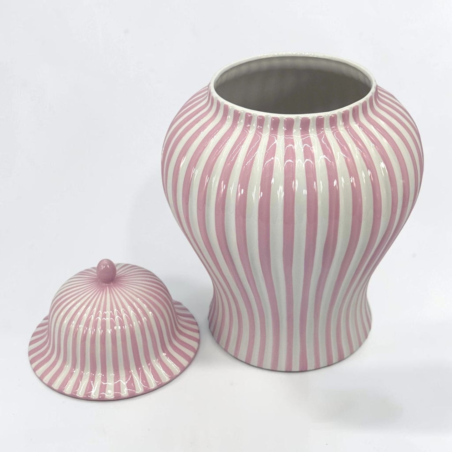 Pink & White Striped Ceramic Jar