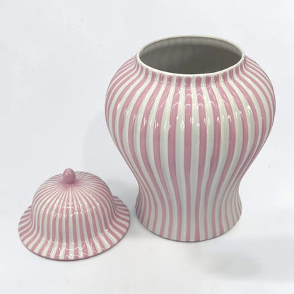 Pink & White Striped Ceramic Jar