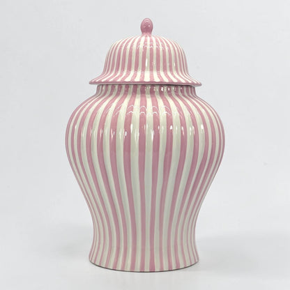 Pink & White Striped Ceramic Jar