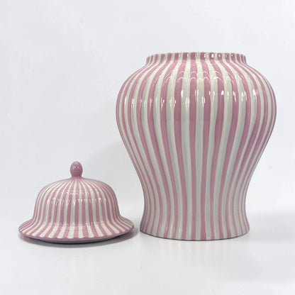 Pink & White Striped Ceramic Jar