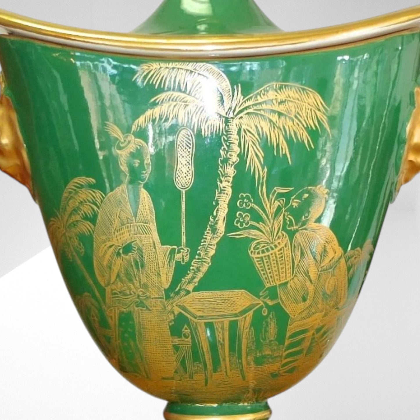 Italian Gold on Green Lidded Cachepot